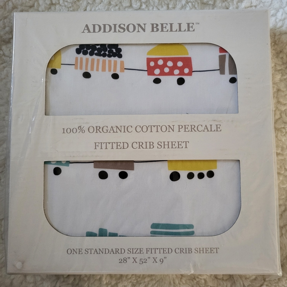 ADDISON BELLE 100% Organic Cotton Percale Fitted Crib Sheet Trains Pattern NEW
